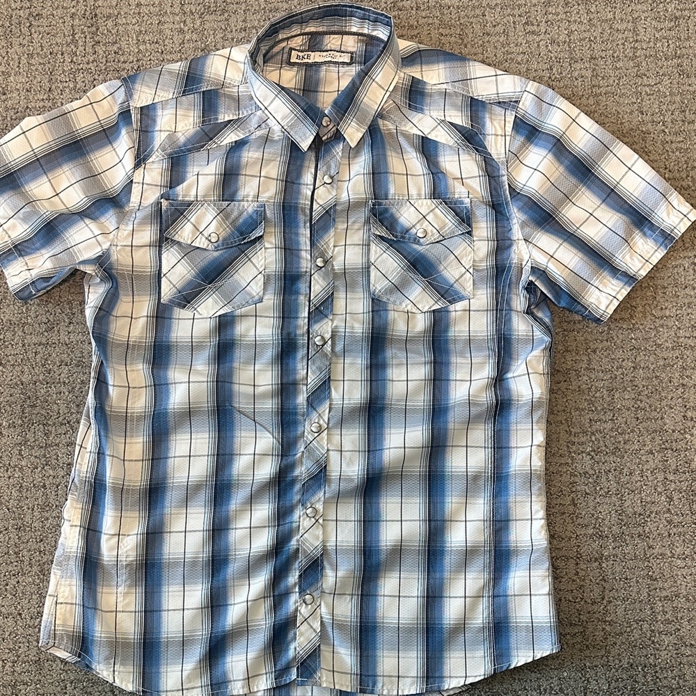 BKE Blue and White Plaid Casual Button Down Shirt